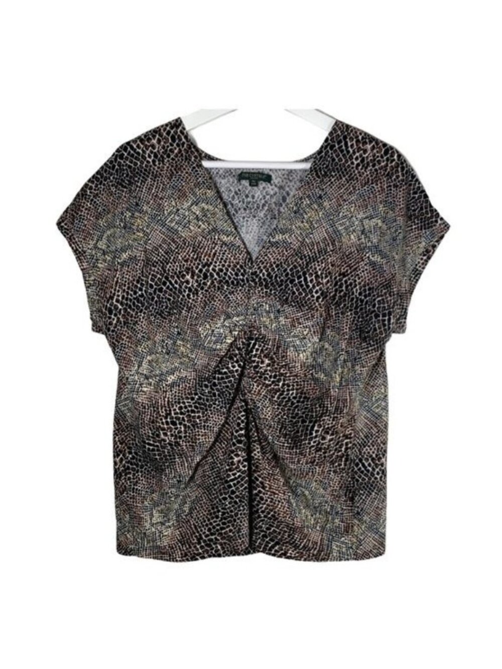 For Cynthia Women Plus Linen Blend Brown Animal Print V Neck Blouse Casual